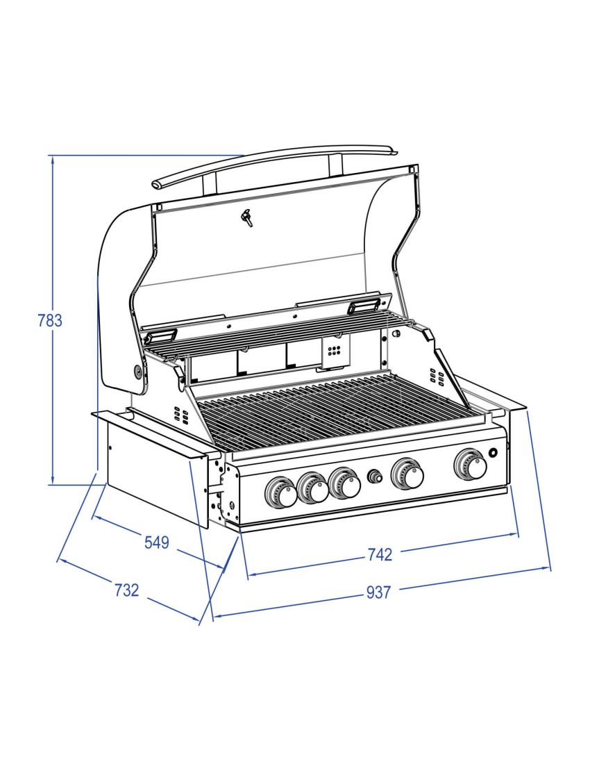ALLGRILL Chef L Black 100729, vestavný plynový gril 17,5 kW, 4+1 hořák, zadní infra, Airsystem - nerez, černé víko