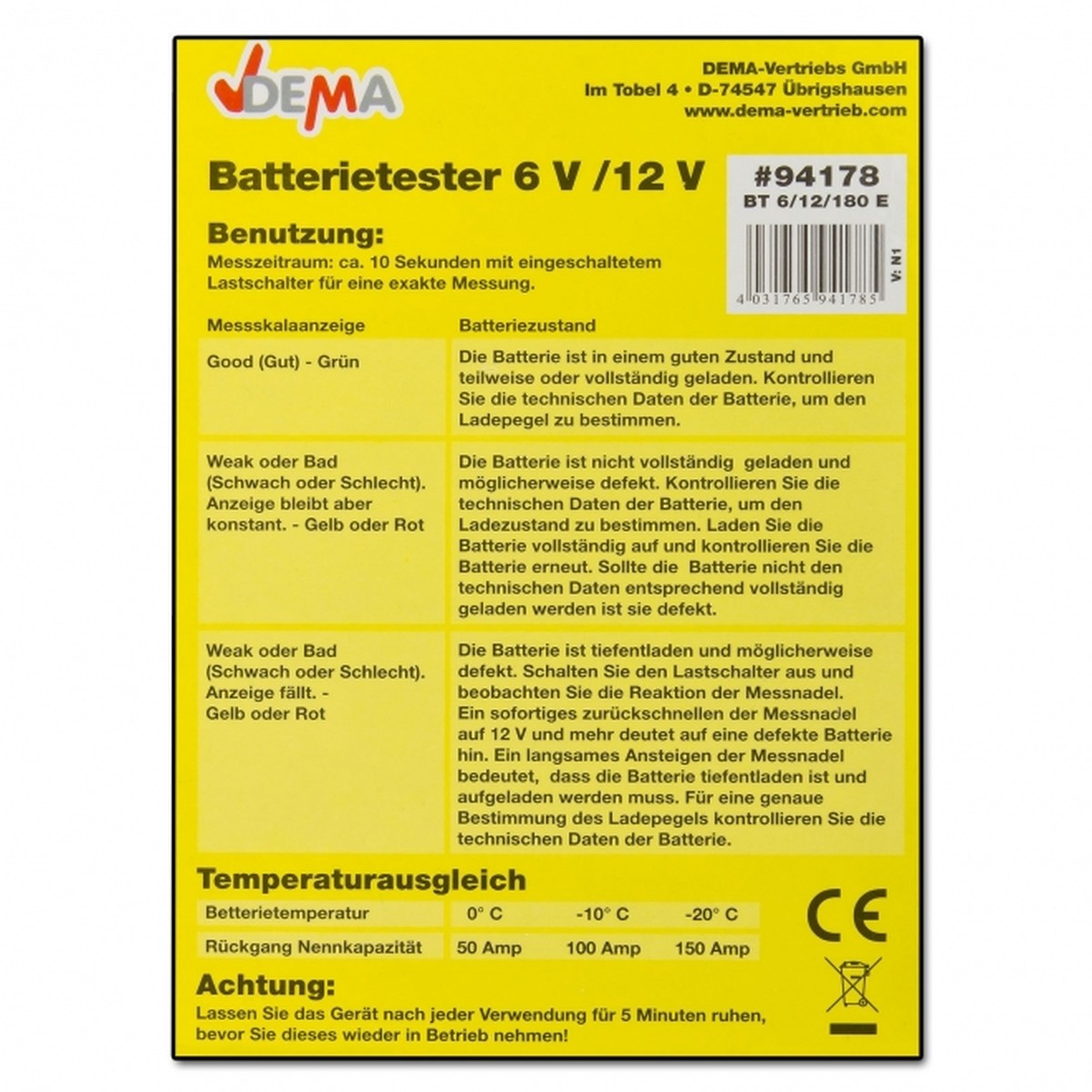 Zkoušečka akumulátorových baterií BT 180 Dema D94178