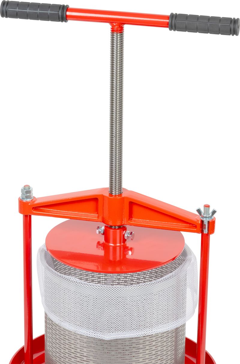 Strend Pro Mechanický kovový lis na ovoce a zeleninu s filtračním sáčkem (14 l), 234401 červený, nerezový válec
