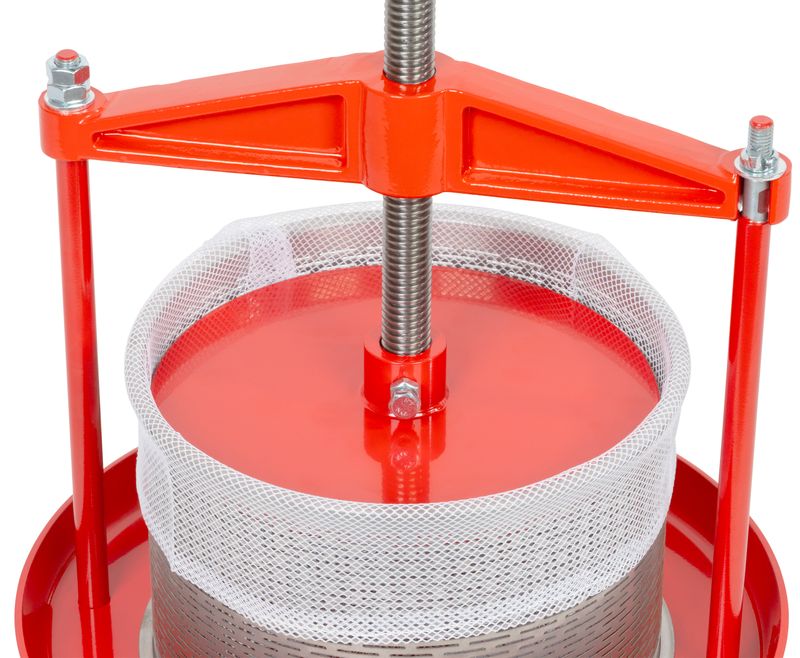 Strend Pro Mechanický kovový lis na ovoce a zeleninu s filtračním sáčkem (9 l), 234400 červený, nerezový válec