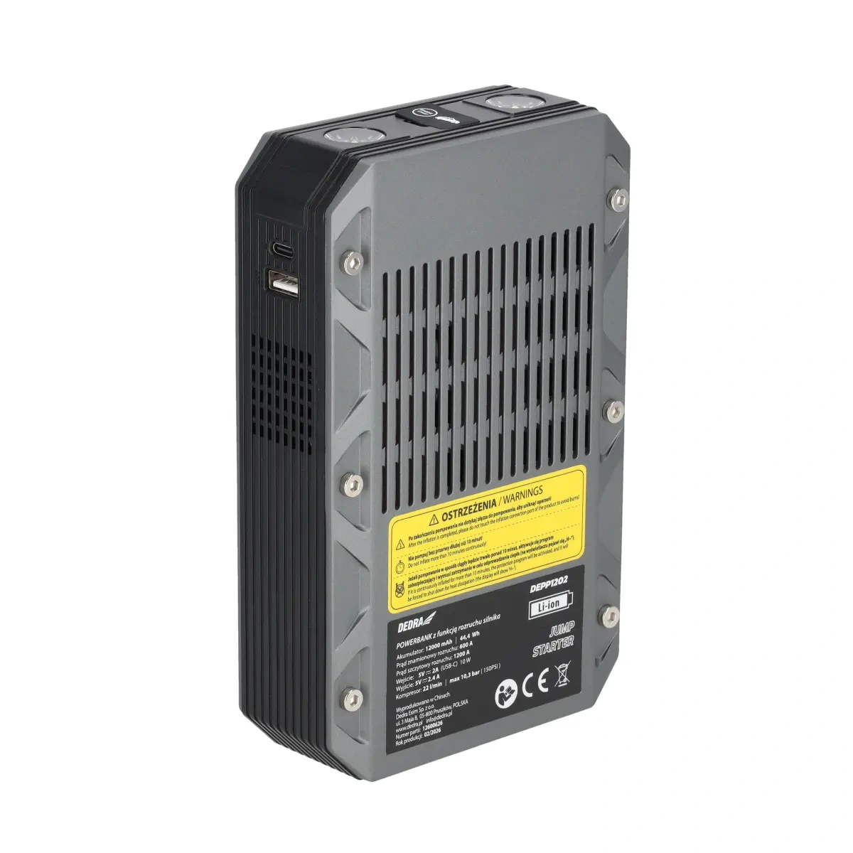 Powerbanka 3v1 se startérem a kompresorem Dedra DEPP1202, 12000 mAh, 150 PSI