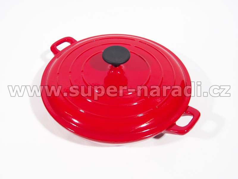 Smaltovaný litinový hrnec 32 cm, plochý, s pokličkou, červeno-bílý PWI 4522