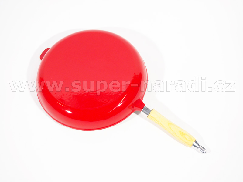 Litinová pánev 27 cm, smaltovaná, s dřevěnou rukojetí, červeno-bílá PWI 9736