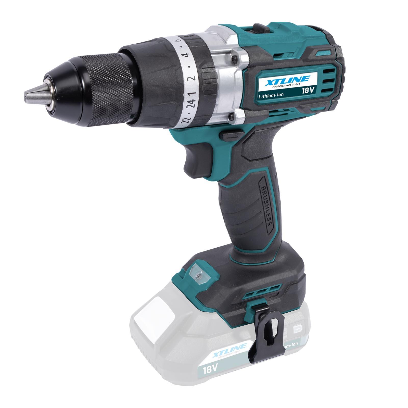 Set - Aku vrtačka s příklepem bezuhlíková 70 Nm, 18 V, baterie 2.0 Ah, nabíječka 2.4 A, box XTLINE XT102805-1B2B