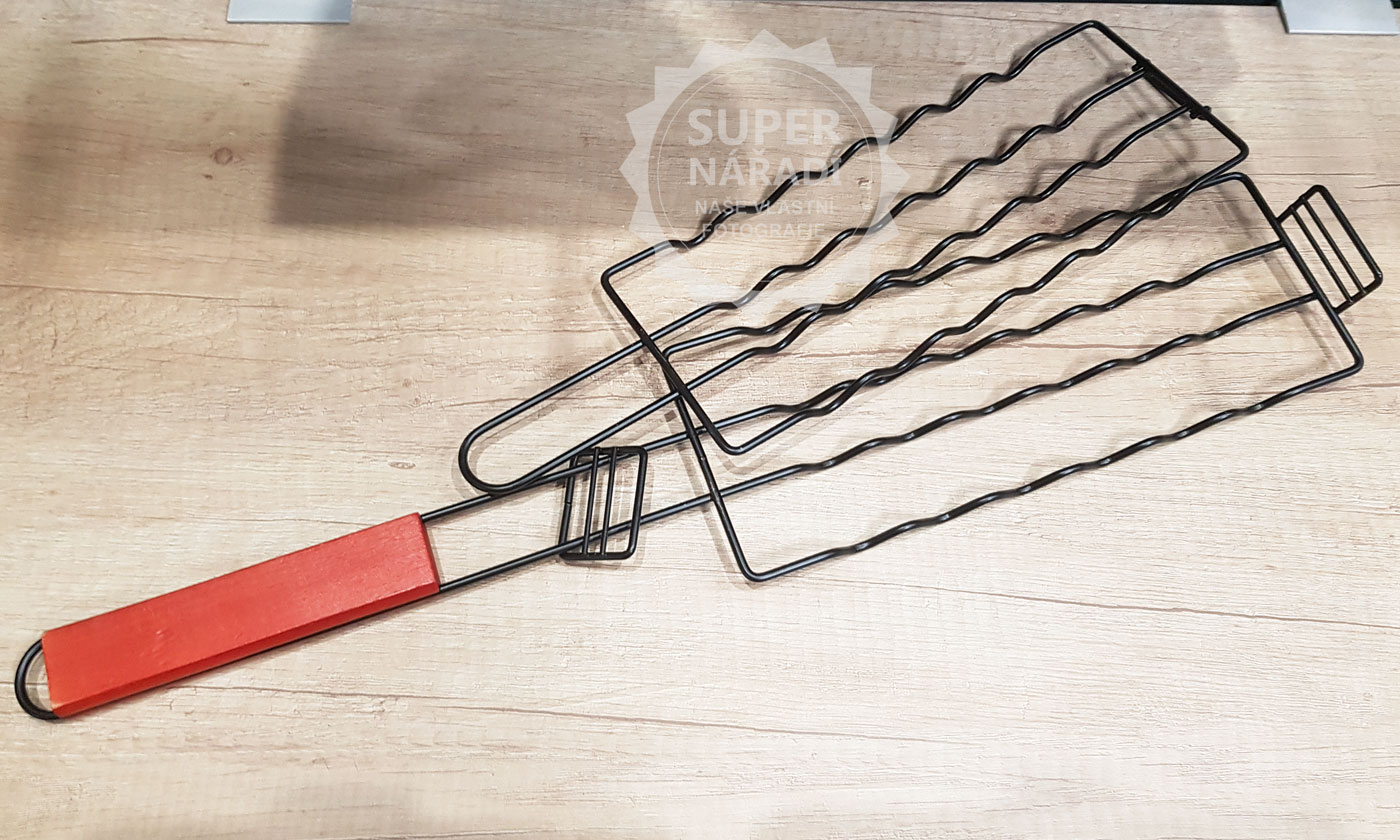UG Grill Grilovací rošt malý DP-2380 uzavírací na klobásy, ryby, steaky - nepřilnavý černý povrch, dřevěné madlo