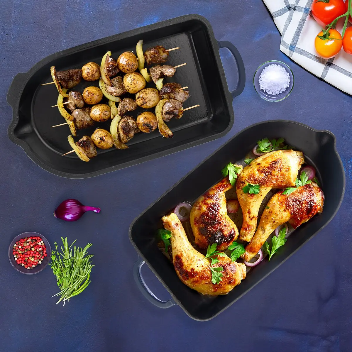 Orion Pekáč litina smalt oboustranný 42,5x22 cm, 127038 polo-oválný, modro-šedý s poklopem