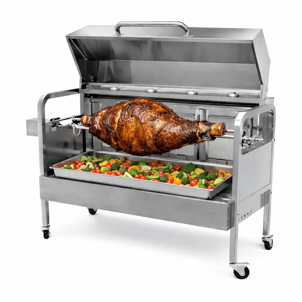 UG Grill plynový rožňový gril nerez – rotisserie na sele, kýtu i kuřata do 25 kg, DA-012 s víkem, 4 hořáky PB, 13,6 kW, 30mbar