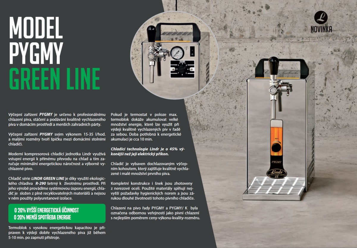 Lindr Pygmy 25/K s kompresorem, Plochý naražeč SET01599 výčepní zařízení Green Line R-290