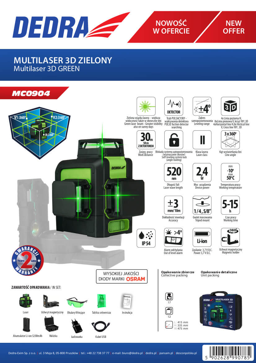 Dedra MC0904 Multiliniový laser 3D zelený, 520 Nm, diody OSRAM