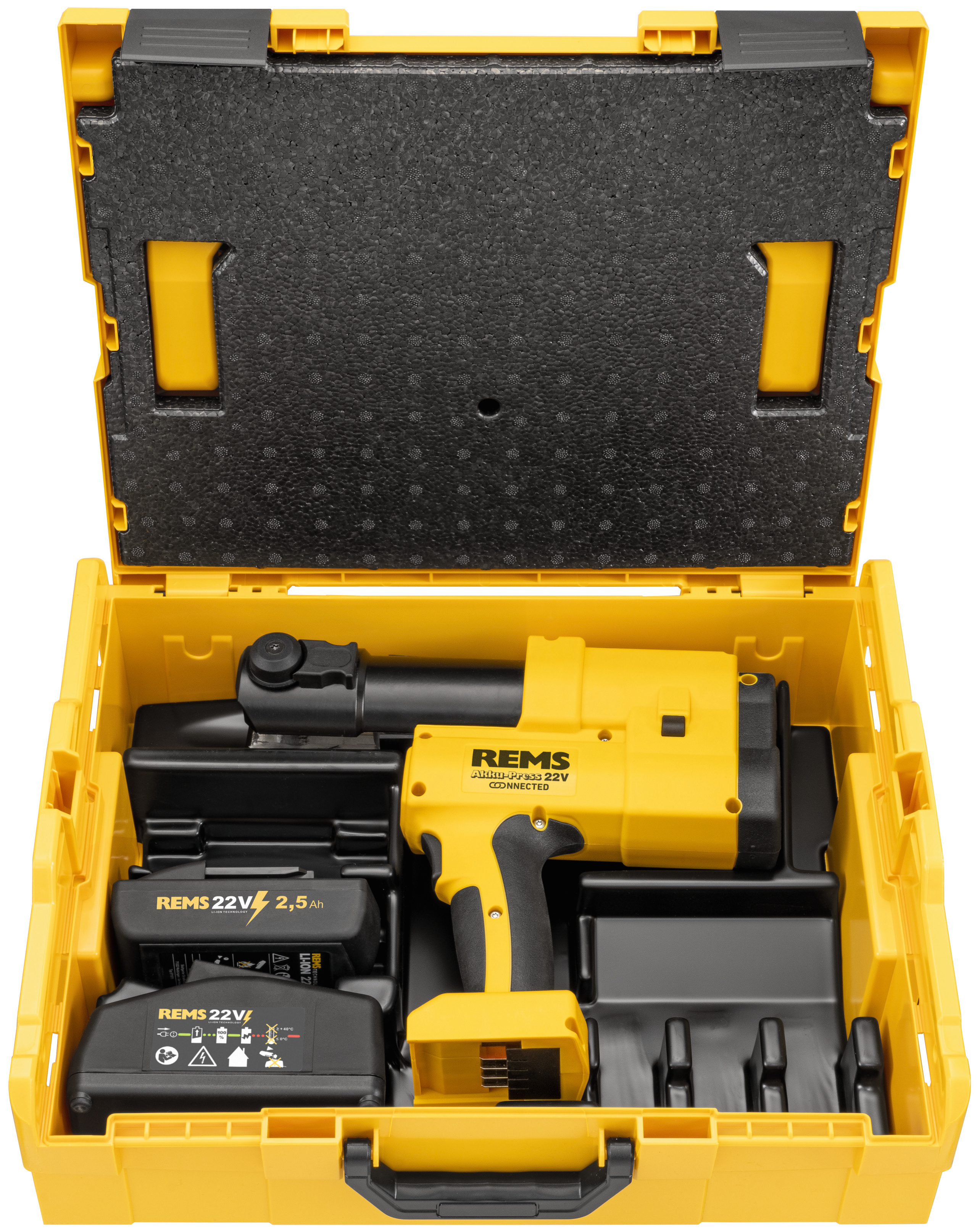 REMS Akku-Press 22V 32 kN Connected Basic-Pack 576015, lisovačka trubek, 1x2,5Ah Aku, nabíječka L-Boxx