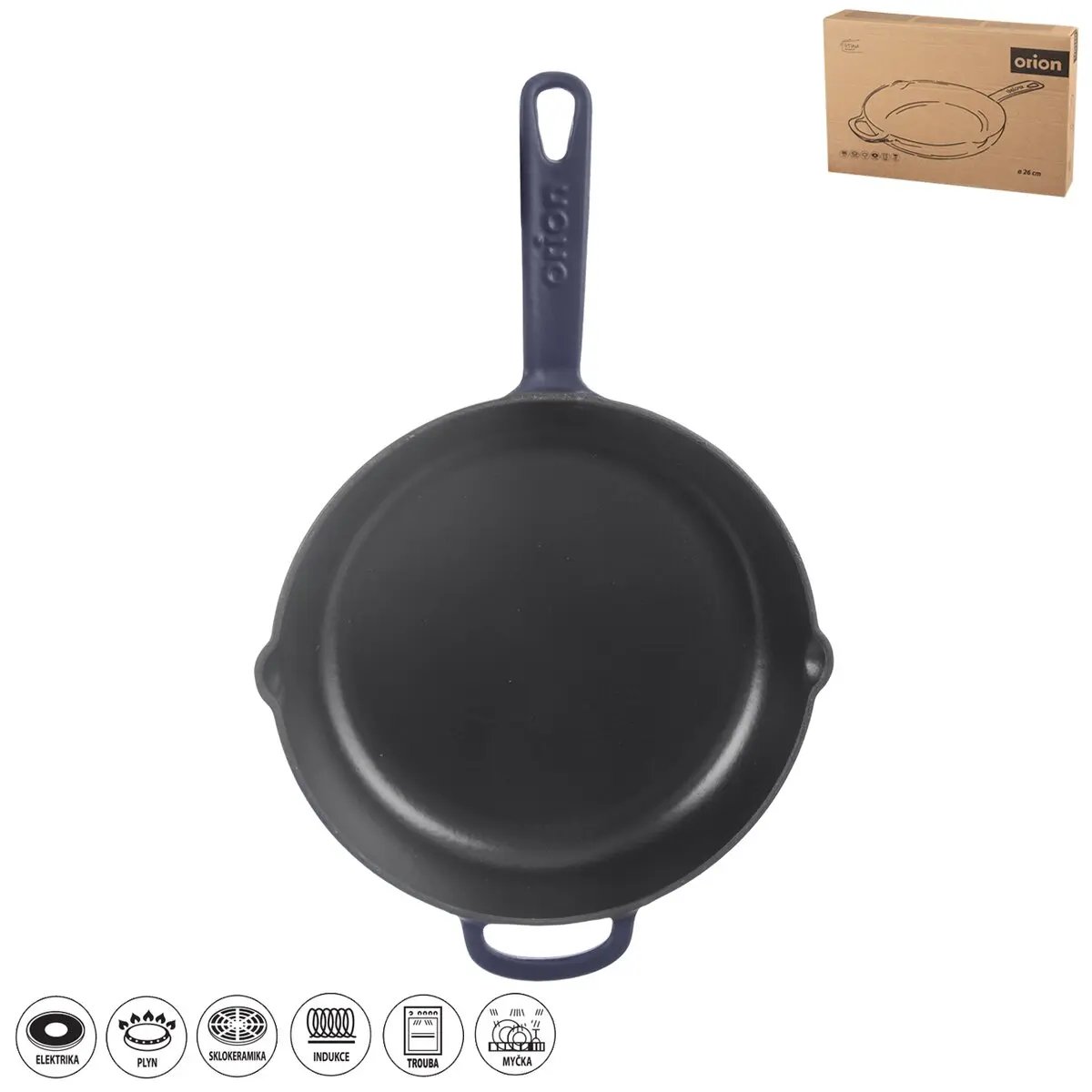 Orion Pánev litina smaltovaná 26 cm 113218, modro-šedá, madlo+výlevky