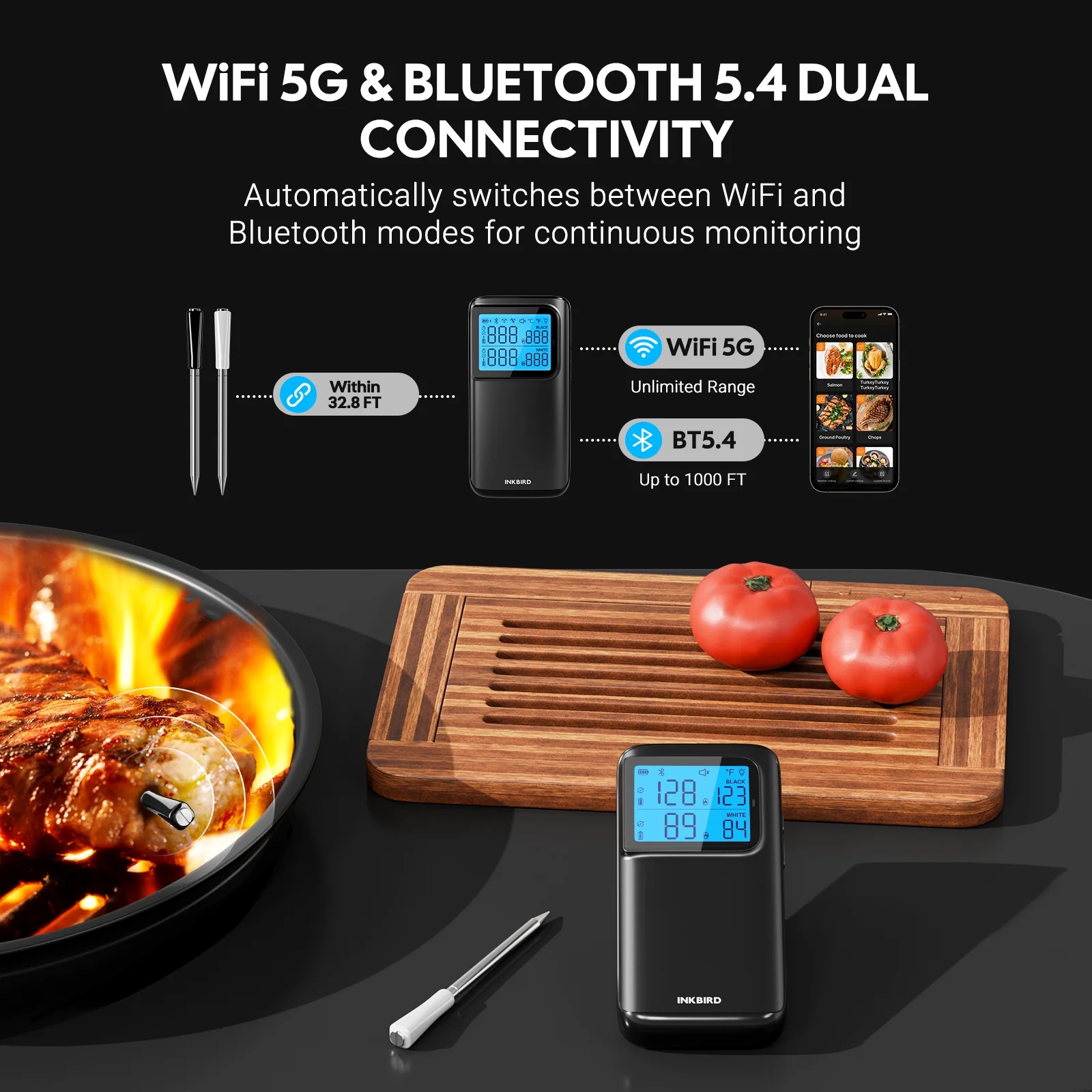 Inkbird bezdrátový teploměr na maso 2 sondy Wifi-Bluetooth 300m INT-12E-BW Multisensor