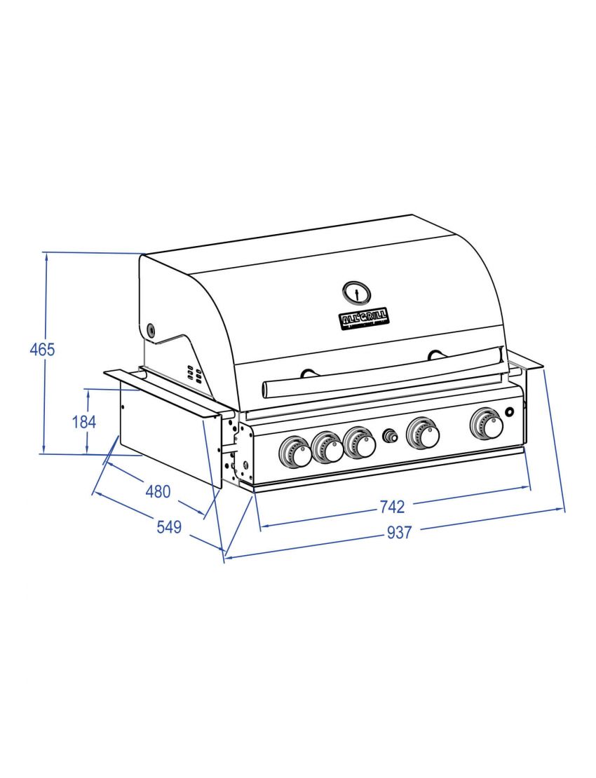 ALLGRILL Chef L Black 100729, vestavný plynový gril 17,5 kW, 4+1 hořák, zadní infra, Airsystem - nerez, černé víko