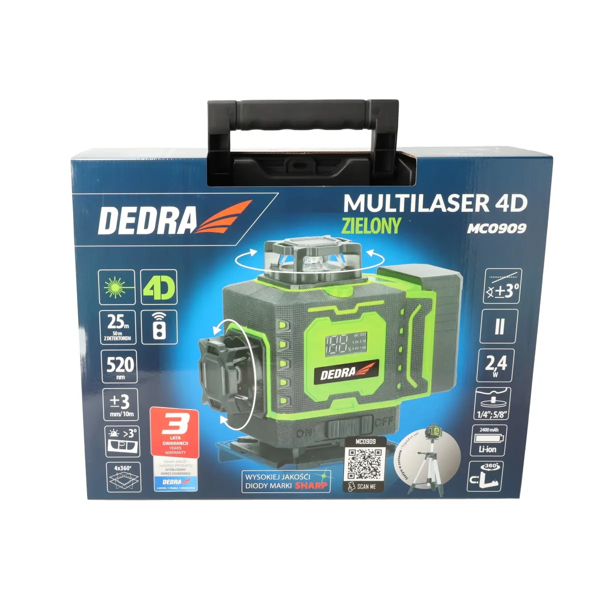 Zelený 4D křížový laser Dedra MC0909 se stativem a příslušenstvím