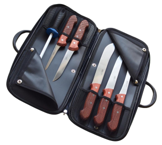 Kabela s pěti řeznickými noži Bubinga a ocílkou KDS 2677 dřevěné rukojeti