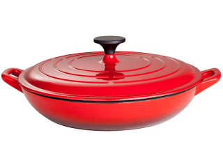 Smaltovaný litinový hrnec 32 cm, plochý, s pokličkou, červeno-bílý PWI 4522