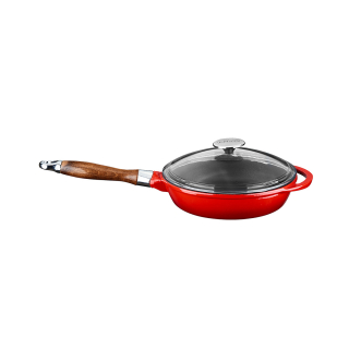 Litinová pánev 24 cm s poklicí, červená, smalt, dřevěná rukojeť Lava Metal LVYTV24K3NHR