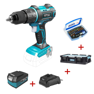 Dedra Sada Aku vrtačka 18V SAS+ALL N0303G01 s příklepem, akumulátor, nabíječka, sada bitů, kufřík