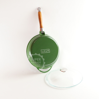 Litinová pánev 28 cm s poklicí, zelená, smalt, dřevěná rukojeť Lava Metal LVYTV28K3NHG