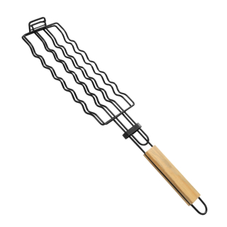 UG Grill Grilovací rošt malý DP-2380 uzavírací na klobásy, ryby, steaky - nepřilnavý černý povrch, dřevěné madlo