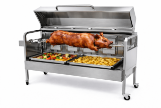 UG Grill plynový rožňový gril nerez – rotisserie na sele, kýtu i kuřata do 25 kg, DA-012 s víkem, 4 hořáky PB, 13,6 kW, 30mbar