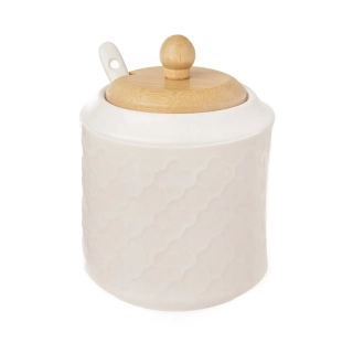 Orion porcelánová cukřenka se lžičkou Whiteline pr. 9 cm, 126715 + dřevěné víčko