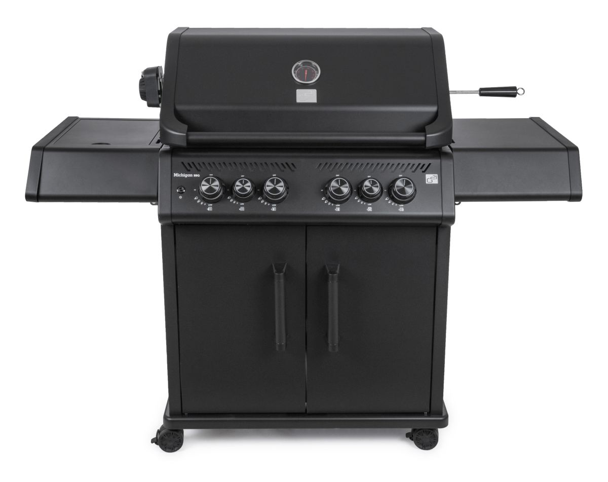 Přední pohled na gril G21 Michigan BBQ s modře a červeně podsvícenými knoflíky