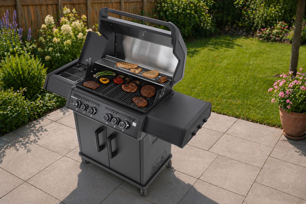 Plynový gril G21 Michigan BBQ Premium Line s připraveným masem na zahradní terase