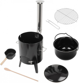 Kotlíková souprava Fiestaset, 14 l Strend Pro 286990, kotlík smalt, nerez komín, rošt, vařečka